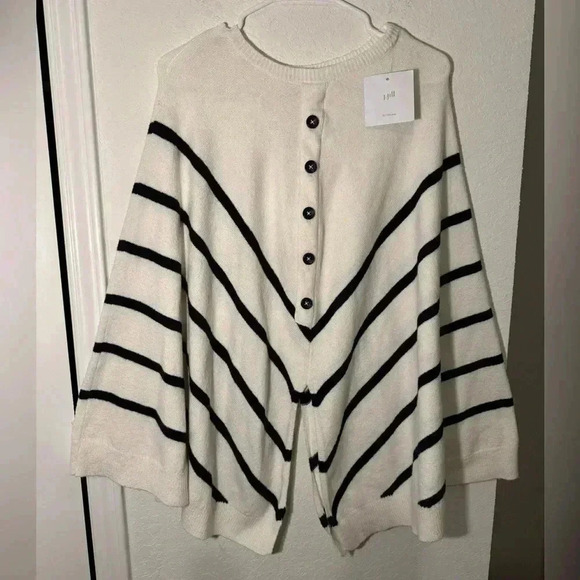 J. Jill Sweaters - J Jill Nautical Sweater Shall Cape White Navy Striped Button Down Poncho Size OS